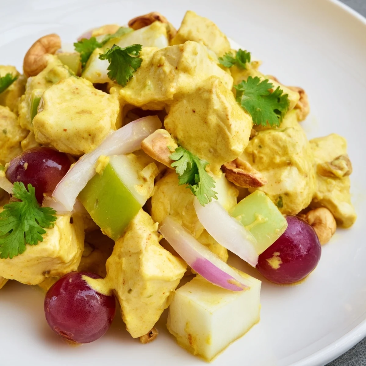 Vibrant curry chicken salad plated on a bed of crisp green lettuce leaves