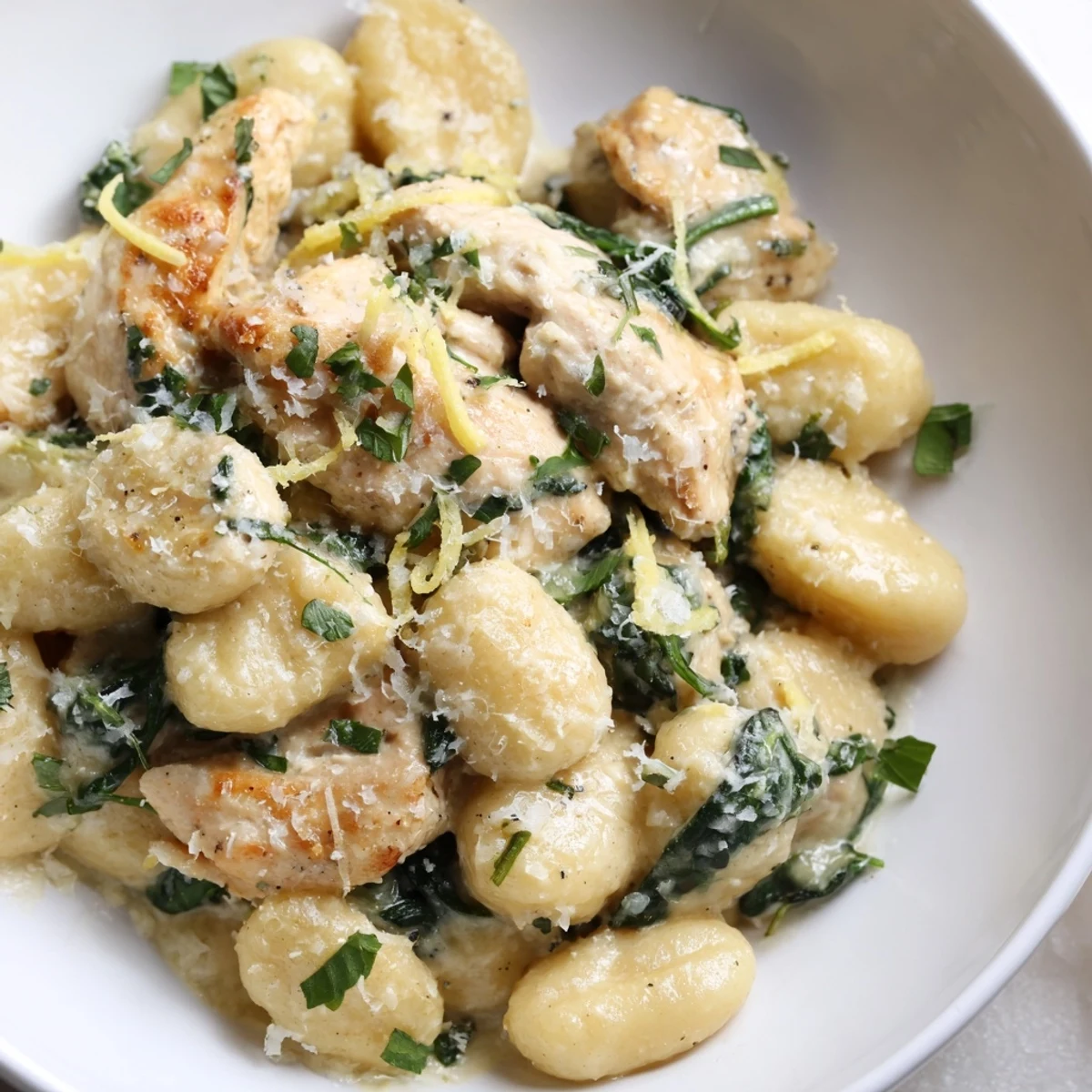 Golden brown chicken and pillowy potato gnocchi simmer in a creamy lemon garlic sauce