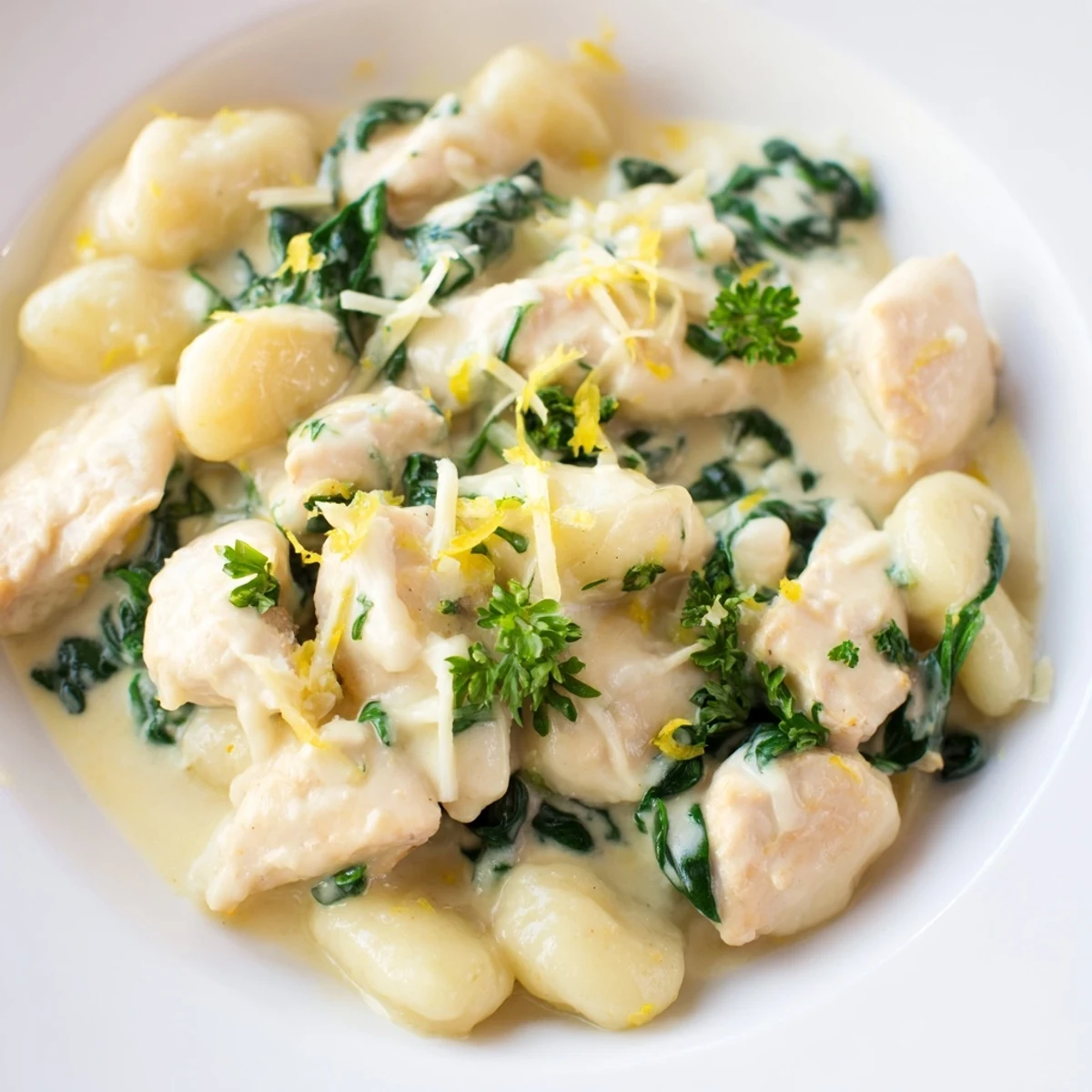 Creamy skillet meal featuring tender chicken pieces and soft gnocchi in bright lemon sauce