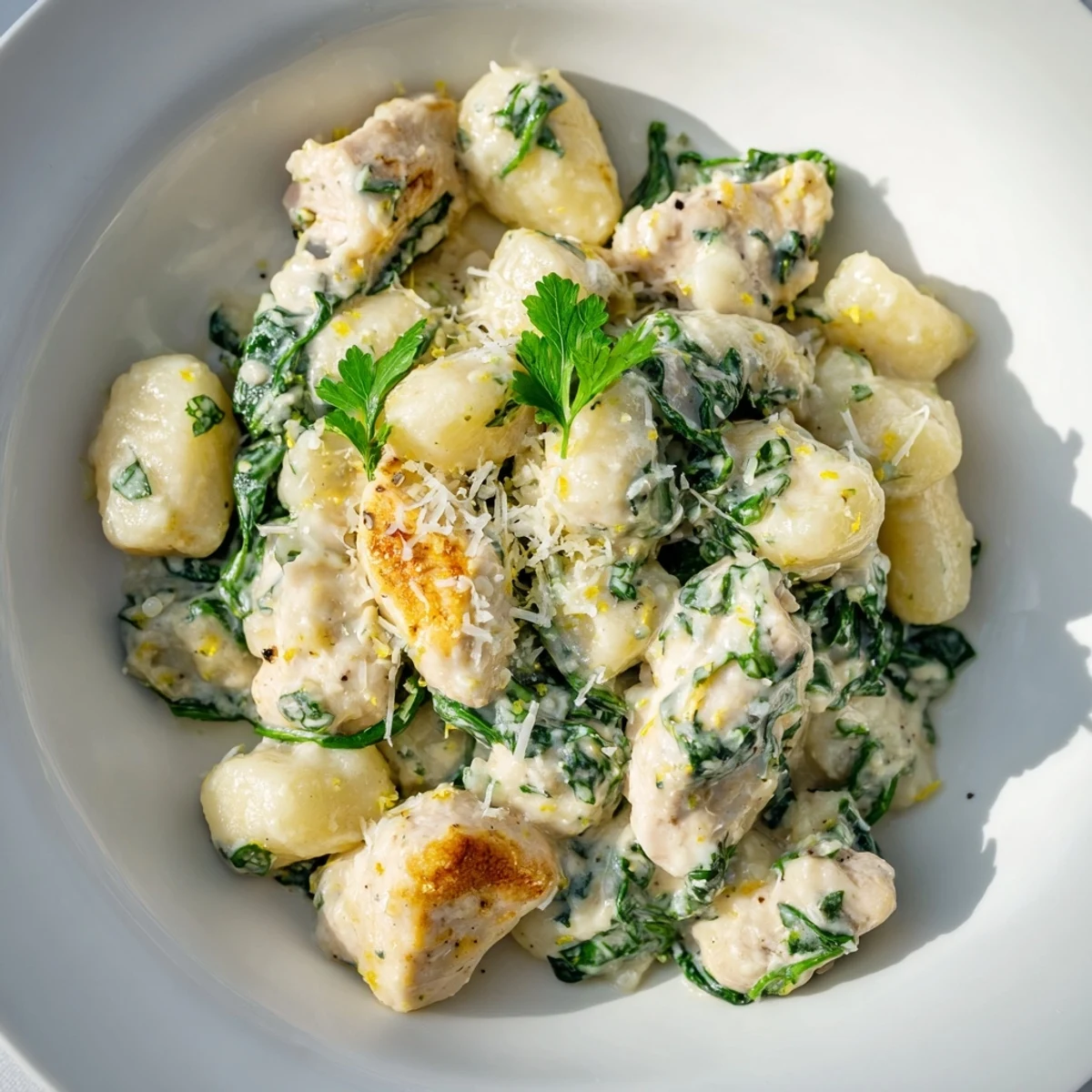 One pan lemon chicken gnocchi plated with fresh spinach and parmesan in a white skillet