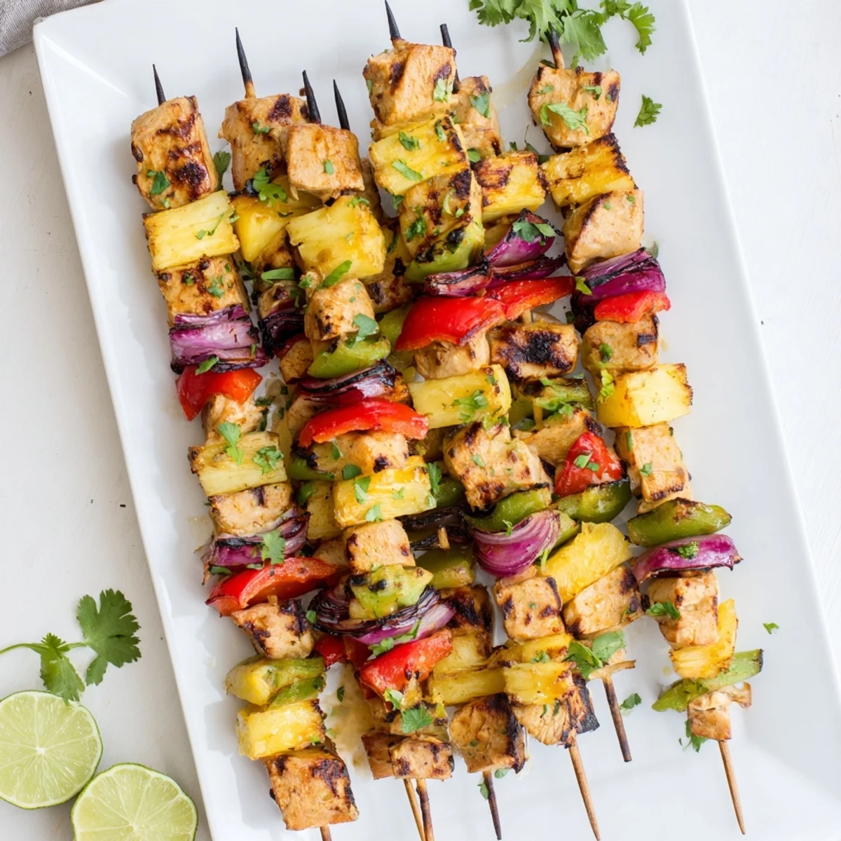 Golden grilled pineapple chicken kabobs threaded with colorful bell peppers and red onion on a skewer
