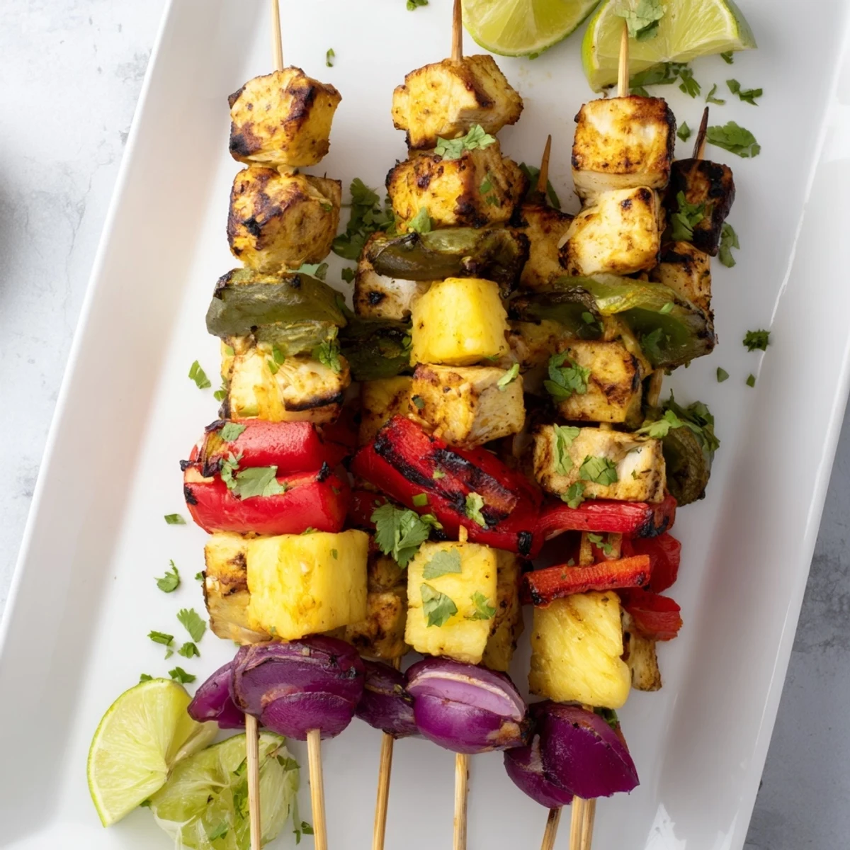 Charred pineapple chicken kabops arranged on a platter with fresh cilantro garnish and lime wedges