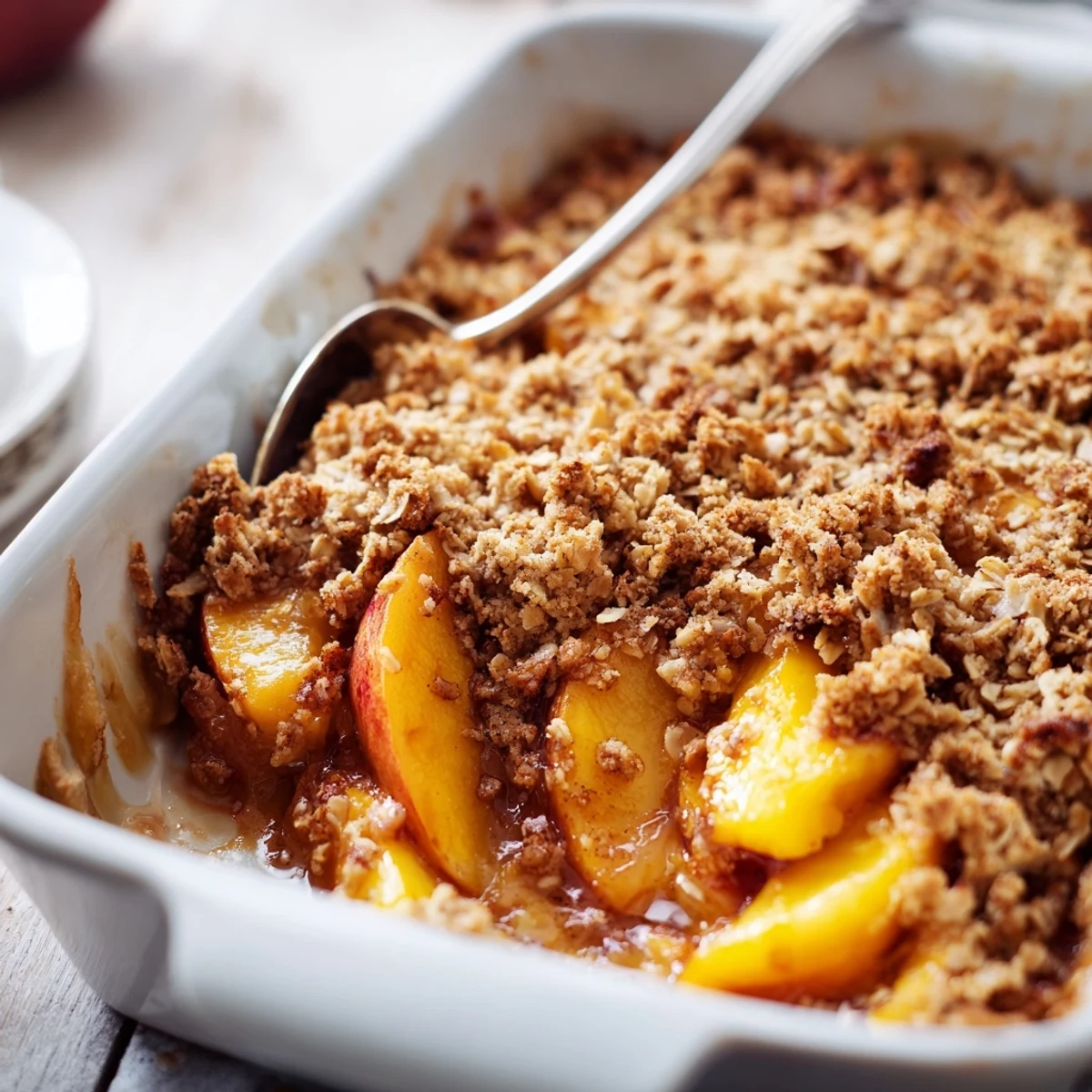 Golden cinnamon peach crumble bubbling in a baking dish with juicy fruit peeking through