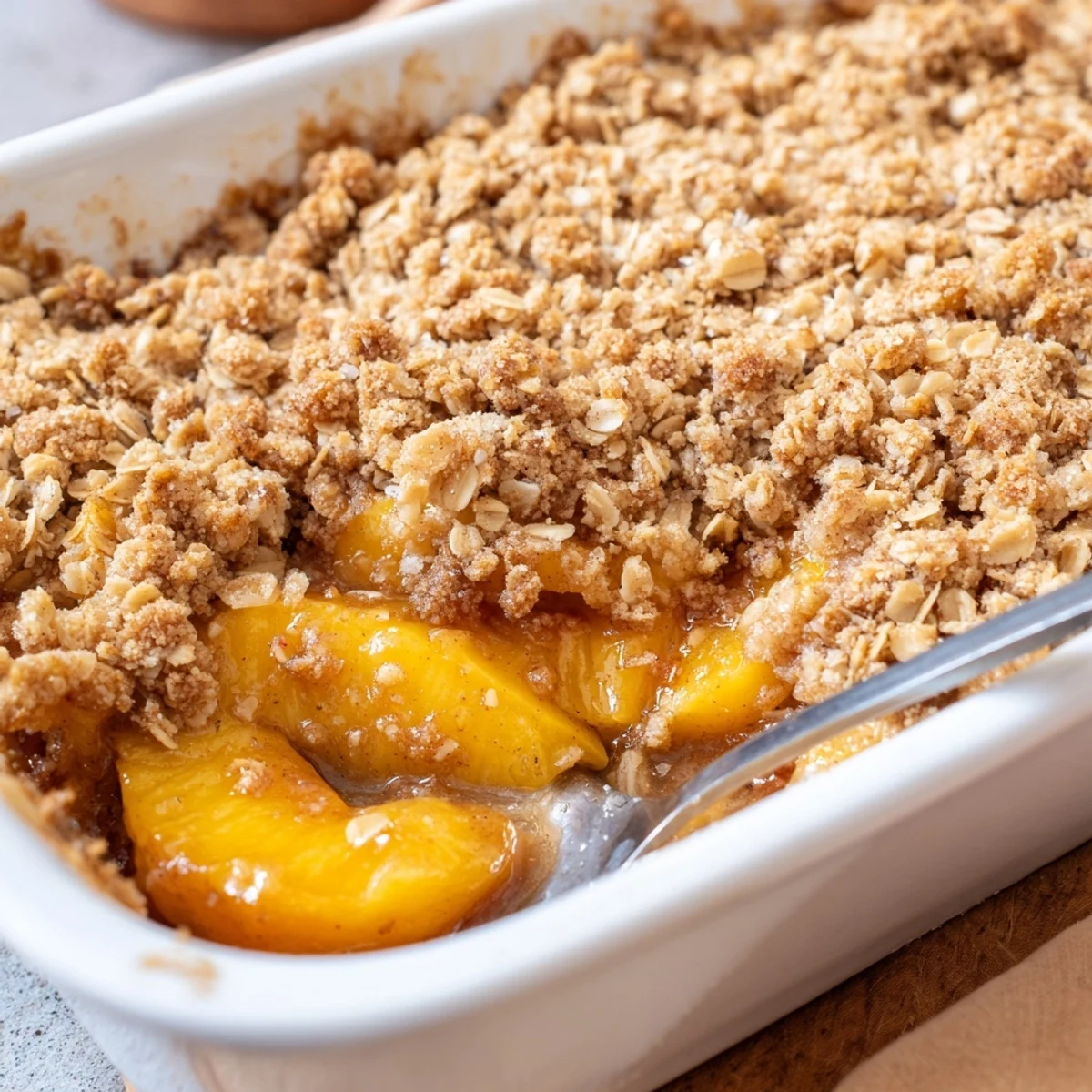 Warm baked cinnamon spiced peach crumble topped with brown sugar oat crumble and vanilla ice cream