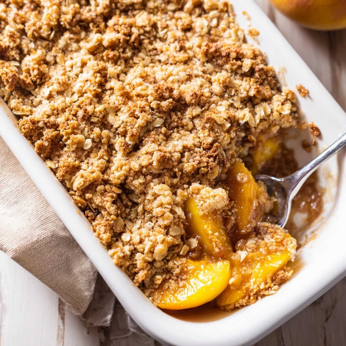 Homemade peach crumble dessert with tender spiced fruit and crispy buttery oat topping