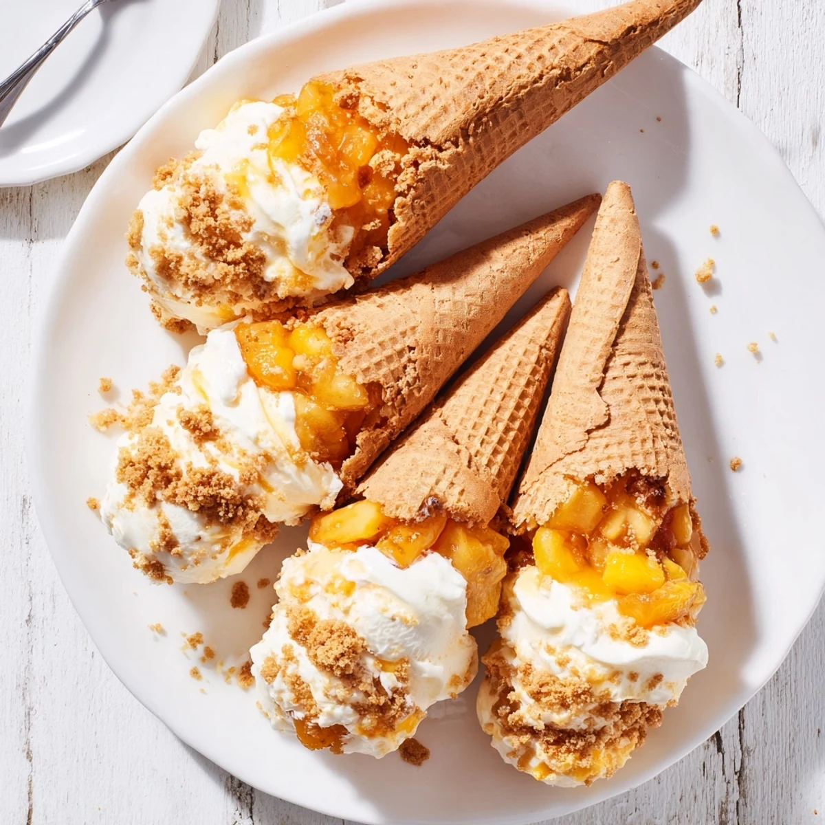 Handheld peach cobbler cheesecake cones layered with spiced peaches and fluffy filling