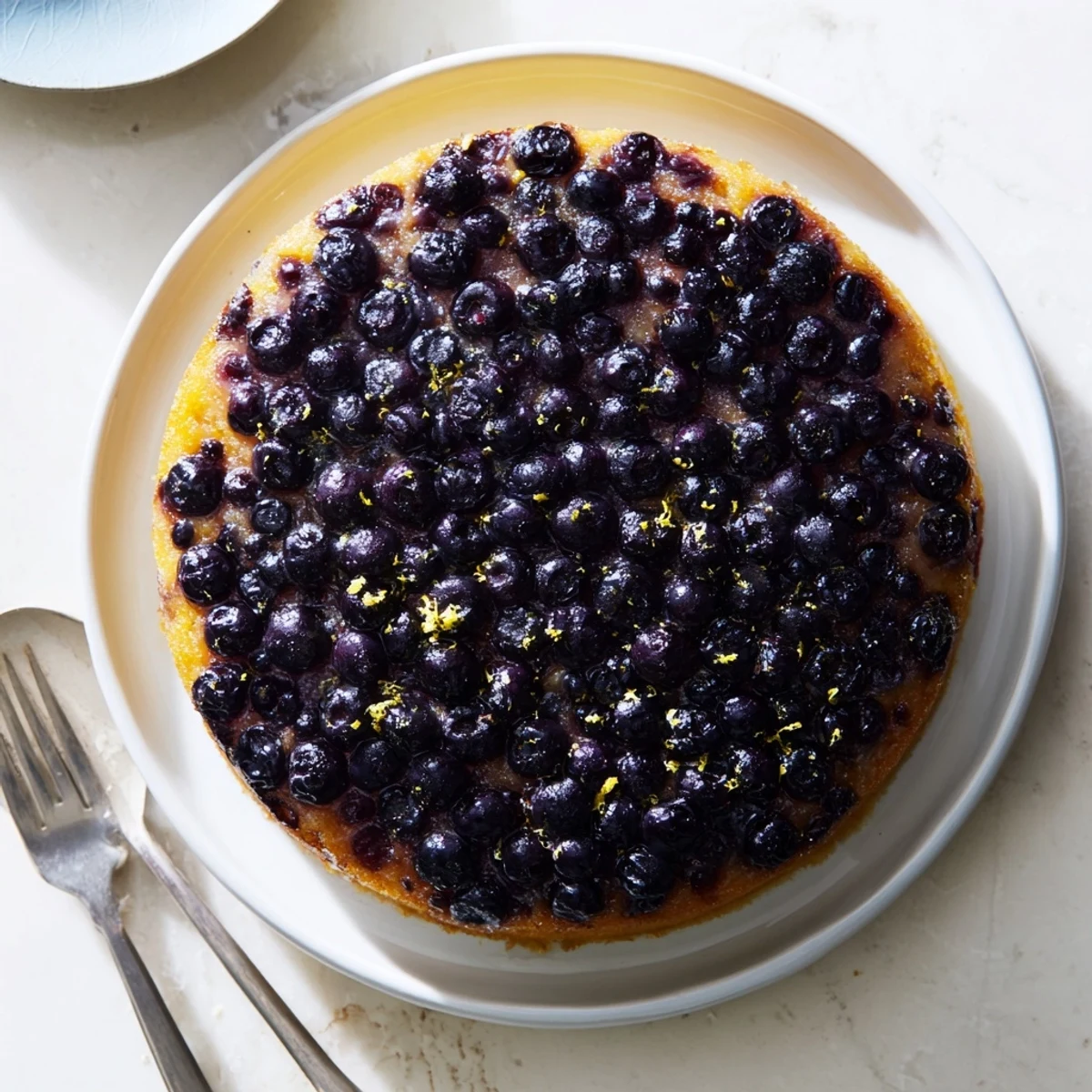 Slice of homemade blueberry upside down cake revealing tender crumb beneath sweet roasted fruit layer