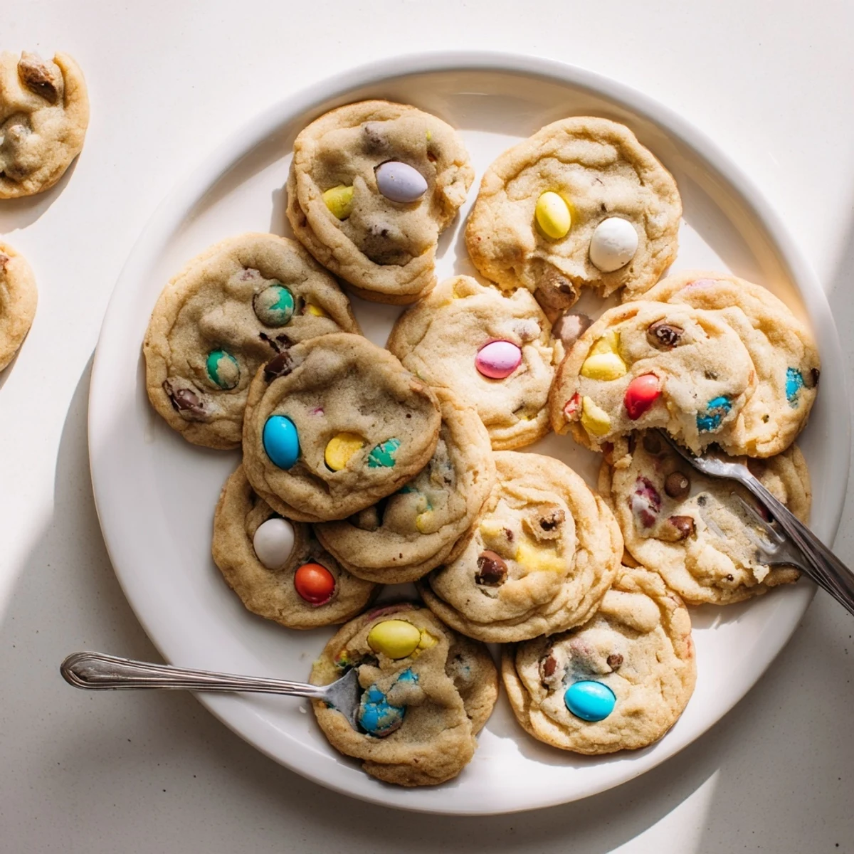 Golden mini egg cookies on a white baking sheet, colorful candy pieces peeking through buttery dough
