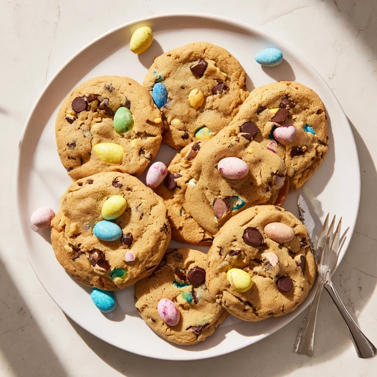 Freshly baked mini egg cookies cooling on wire rack, chopped chocolate eggs visible in each chewy treat