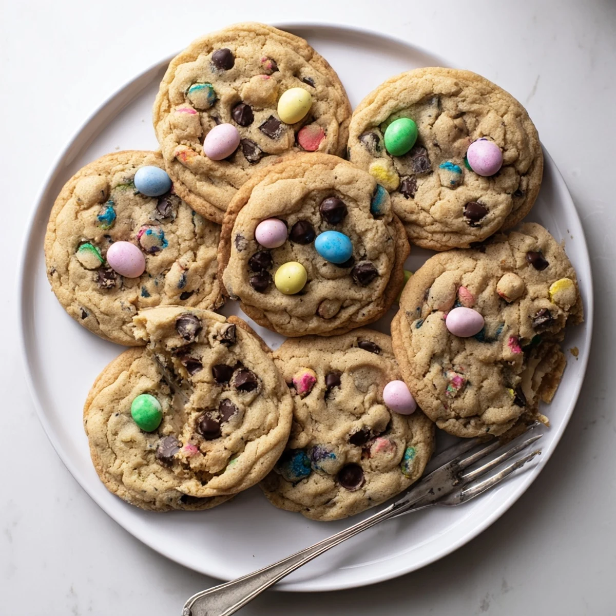 Plate of warm mini egg cookies with chopped colorful candy pieces baked into golden brown dough