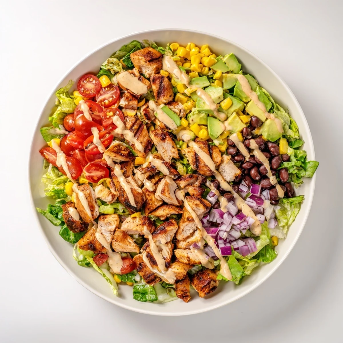 Grilled BBQ chicken chopped salad arranged with romaine lettuce, corn, bell peppers, and creamy yogurt dressing