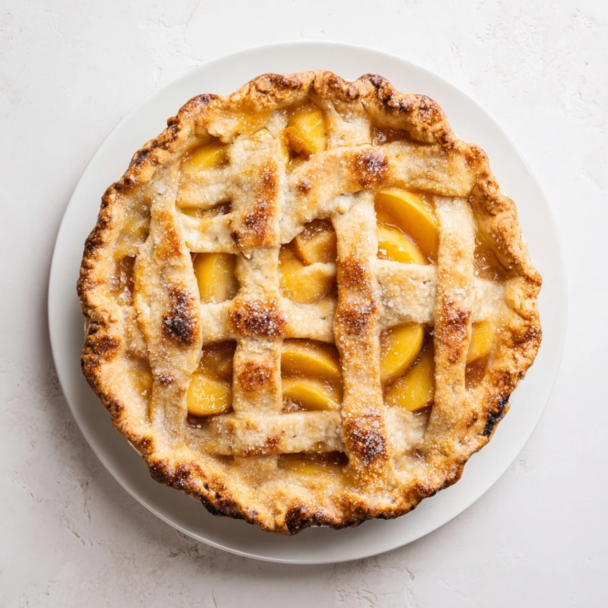 Homemade Southern peach pie featuring sweet spiced peaches in buttery golden pastry