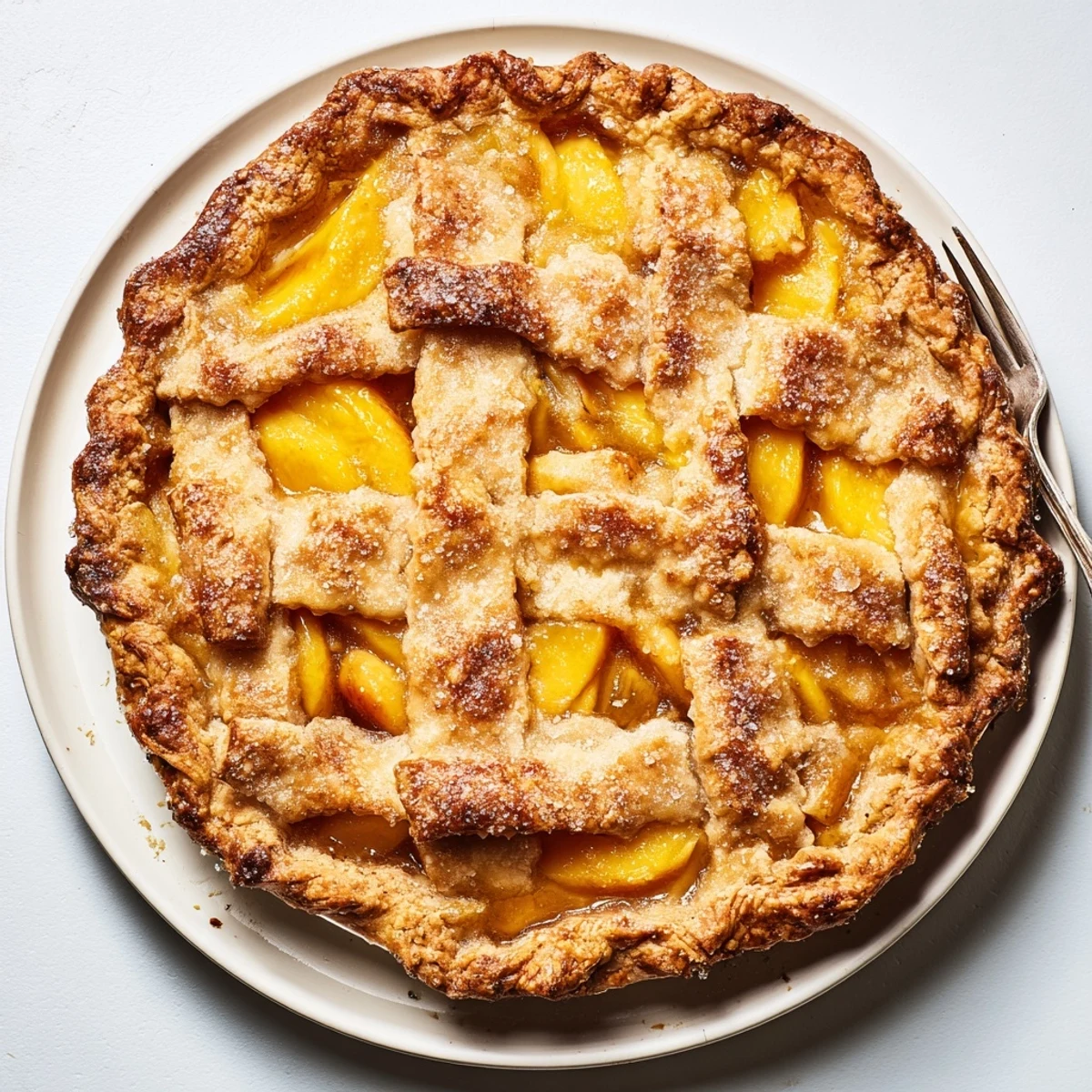 Golden Southern peach pie with bubbling fruit filling and flaky lattice crust