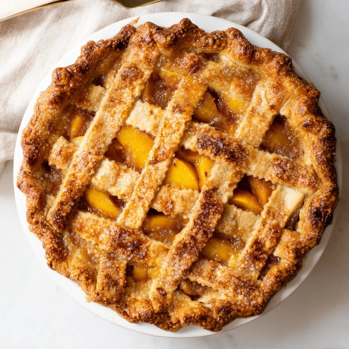 Fresh baked Southern peach pie slice with juicy cinnamon peaches and vanilla ice cream