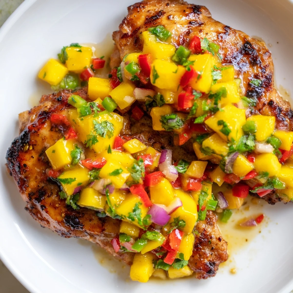 Juicy marinated chicken glazed with honey lime sauce served over vibrant tropical mango salsa