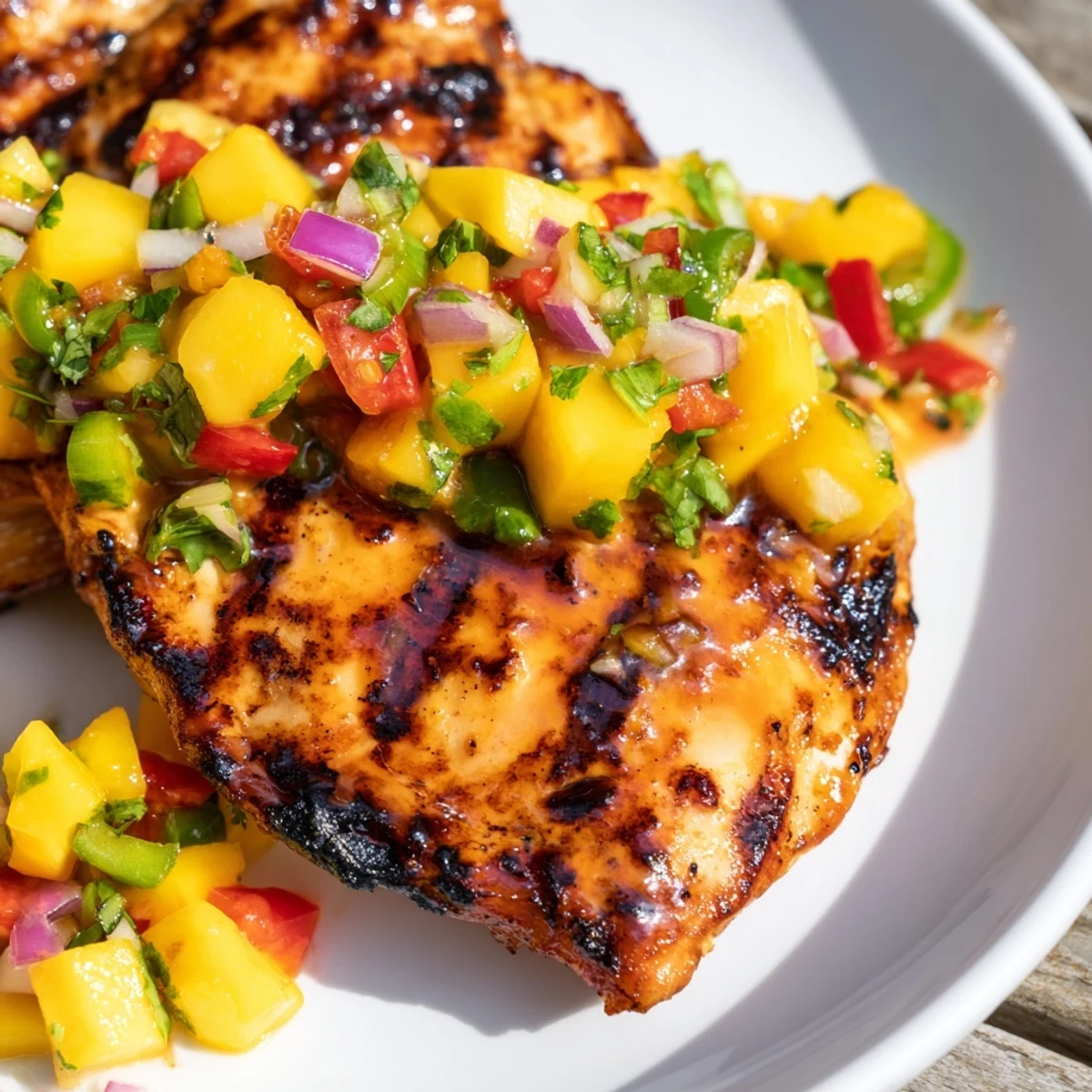 Golden grilled honey lime chicken breast topped with colorful fresh mango salsa and cilantro garnish