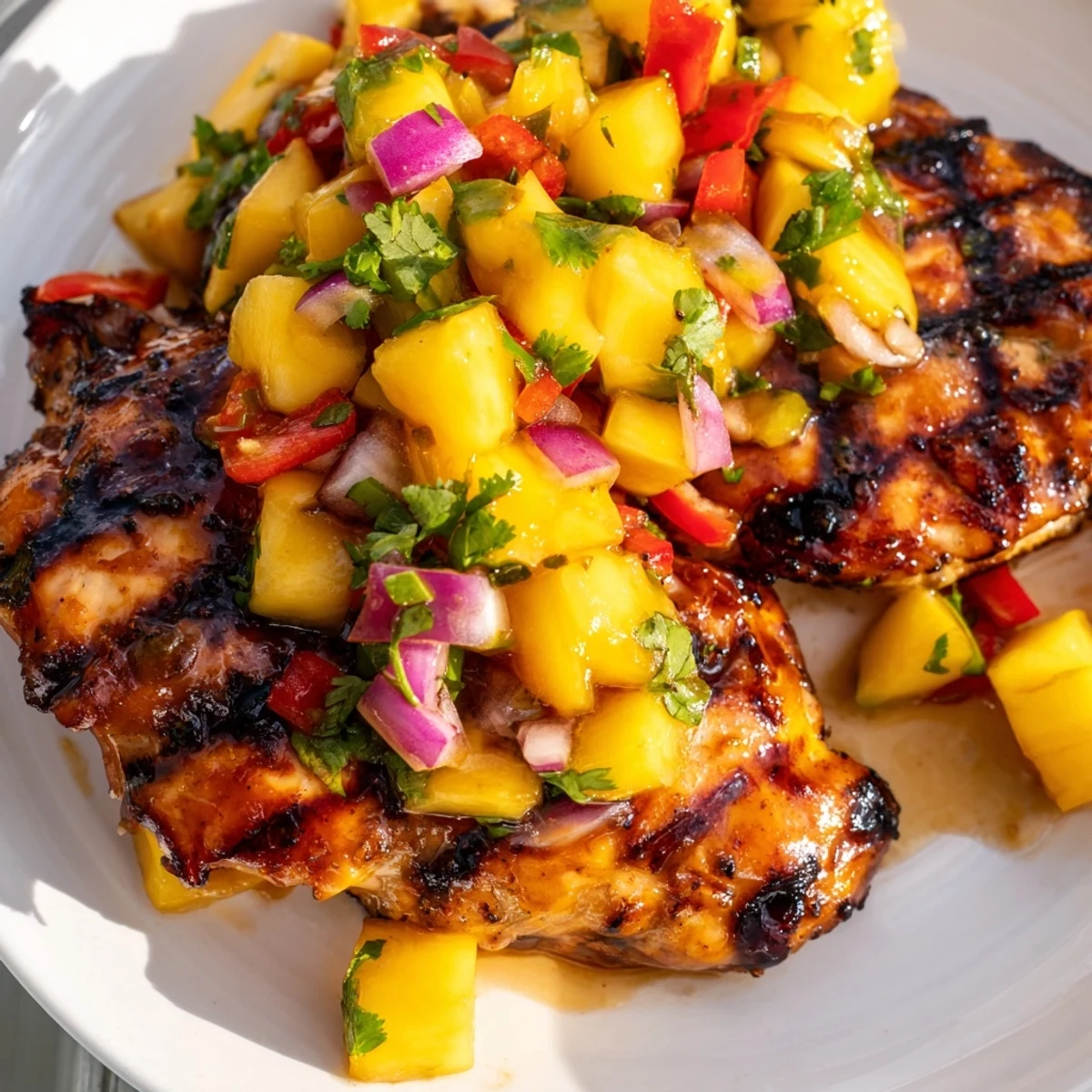 Summer-ready honey lime chicken grilled to perfection and crowned with zesty mango red pepper salsa