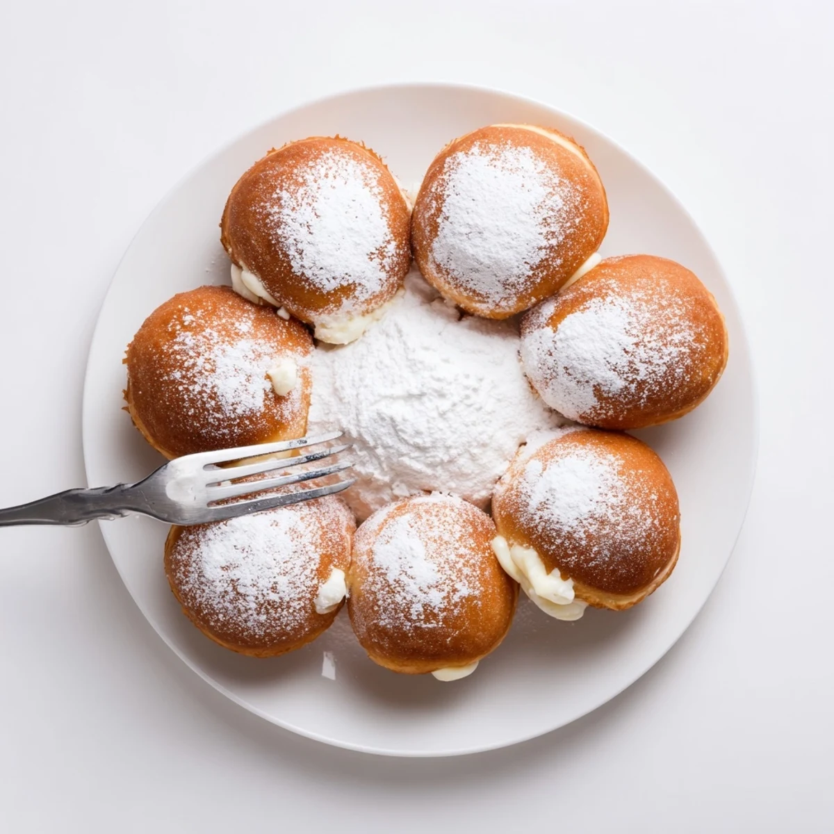 Soft pillowy donuts filled with sweet milk cream resting on a white serving plate