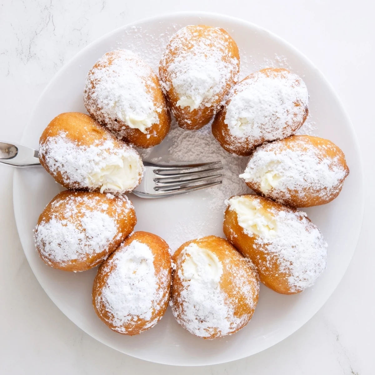 Close-up of freshly fried Korean donuts piped with light vanilla cream filling
