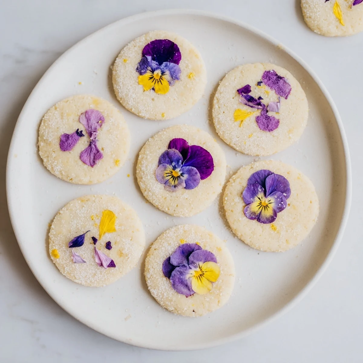 Buttery homemade shortbread cookies decorated with fresh edible pansies for a charming spring dessert