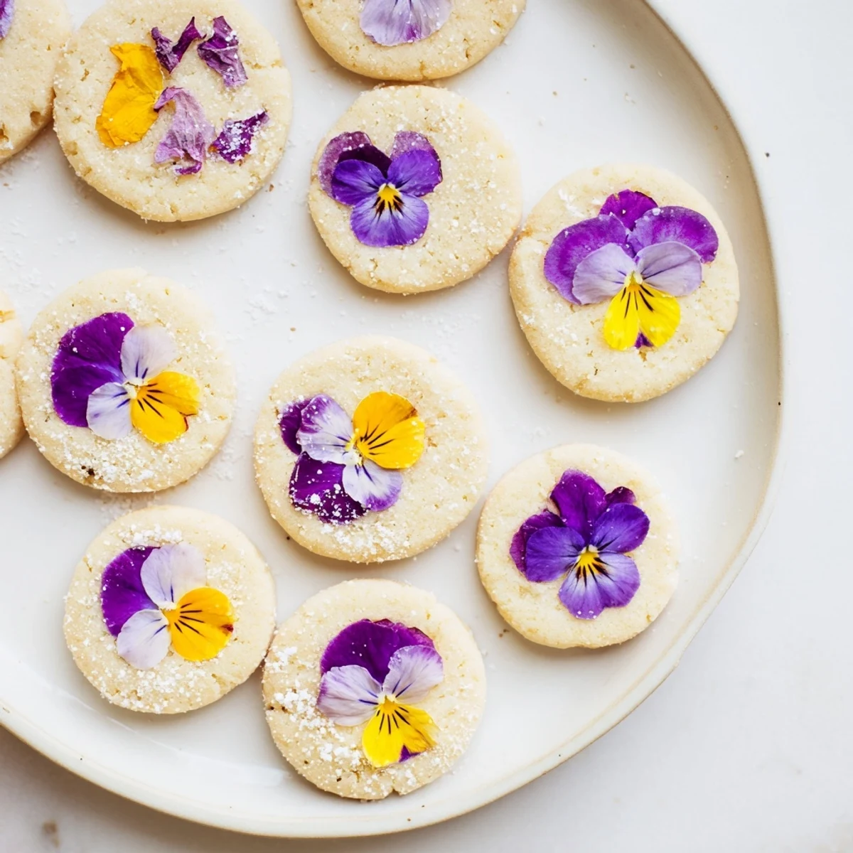 Golden spring flower shortbread cookies topped with colorful pressed violets and delicate sugar crystals
