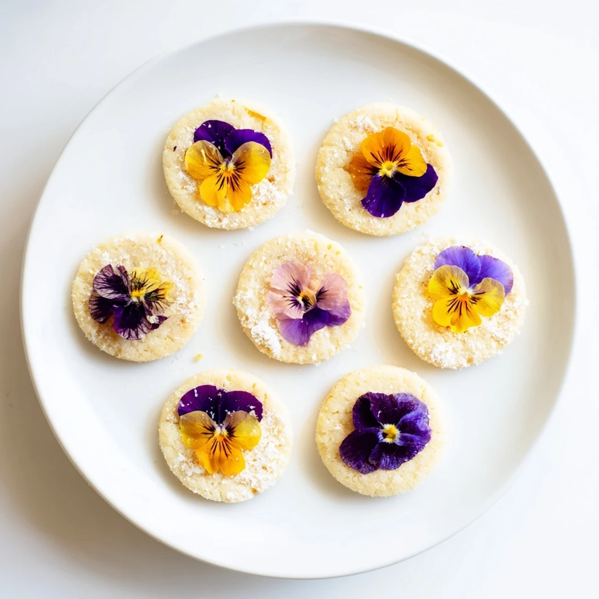 Round flower shortbread cookies adorned with vibrant rose petals baked until lightly golden brown