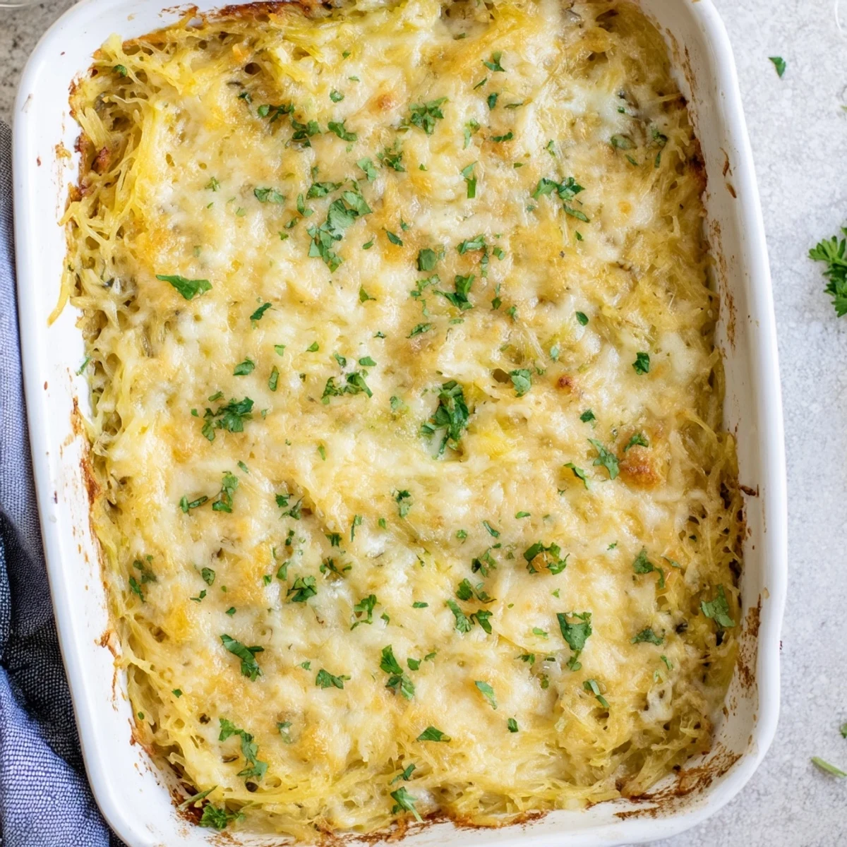 Golden bubbly spaghetti squash au gratin topped with melted Gruyère and fresh parsley in a baking dish