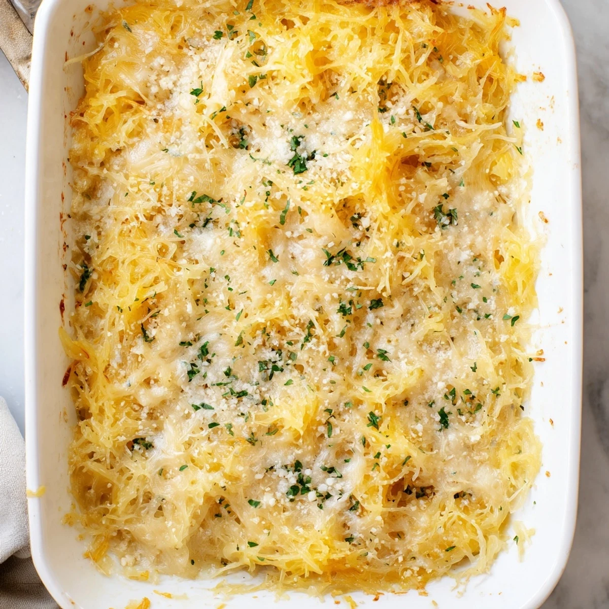 Roasted spaghetti squash au gratin baked to perfection with golden Parmesan crust and tender vegetable strands