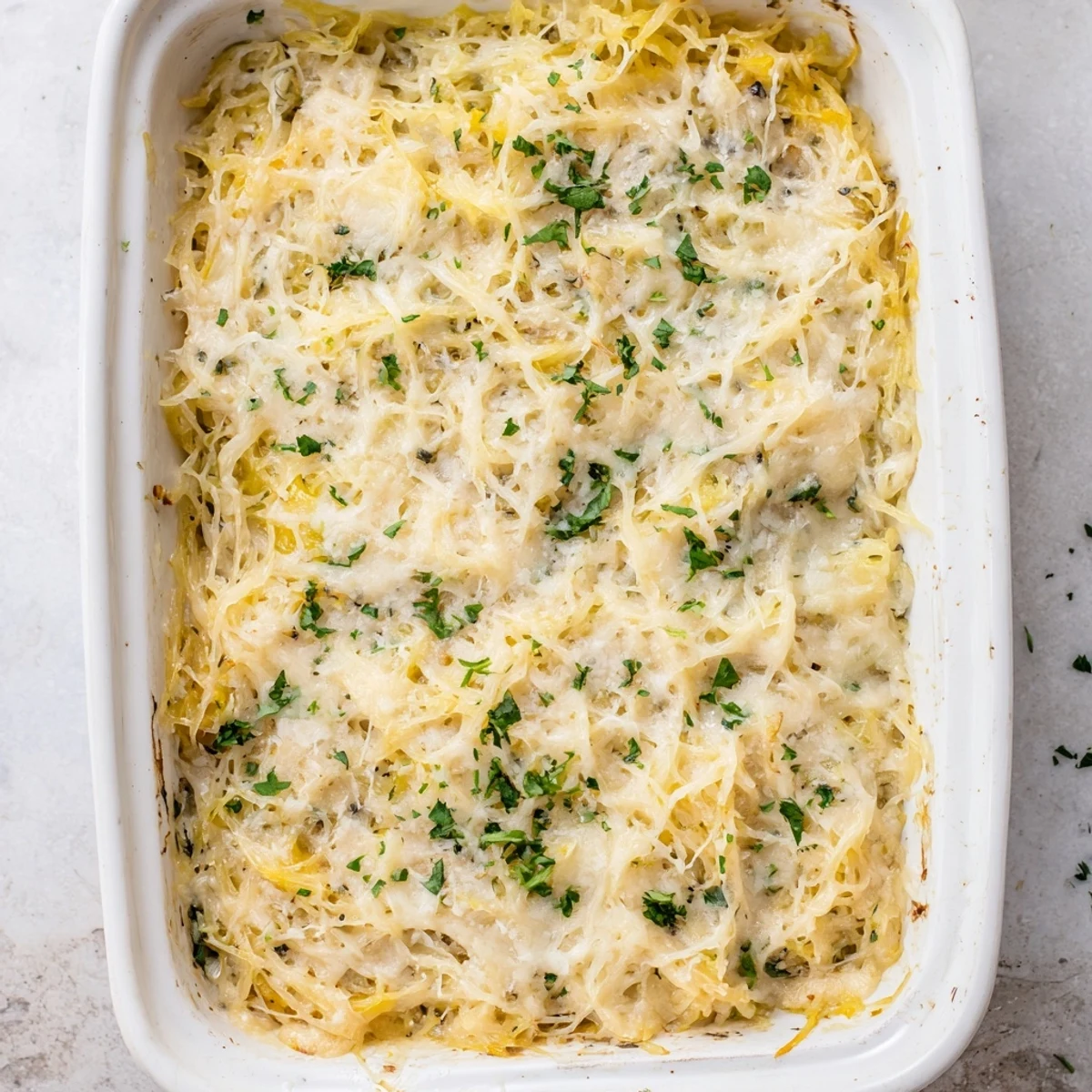 Creamy low-carb spaghetti squash au gratin casserole with shredded strands mixed in rich cheese sauce