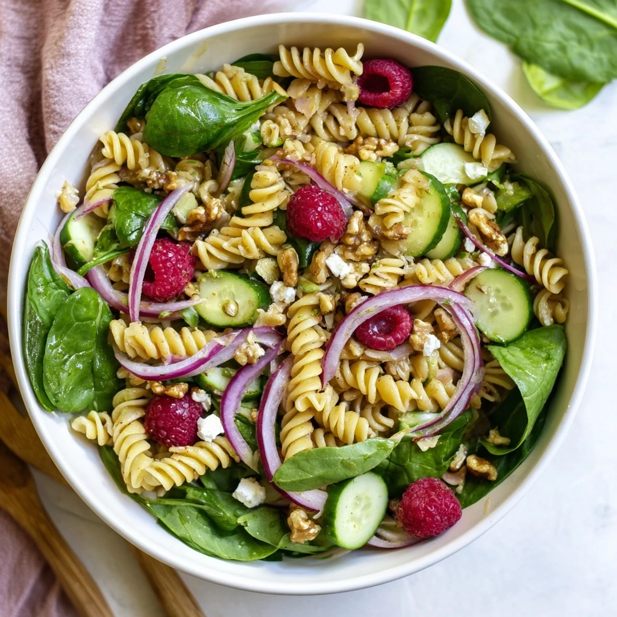 Summer raspberry spinach feta pasta salad served in white bowl with crumbled feta cheese topping