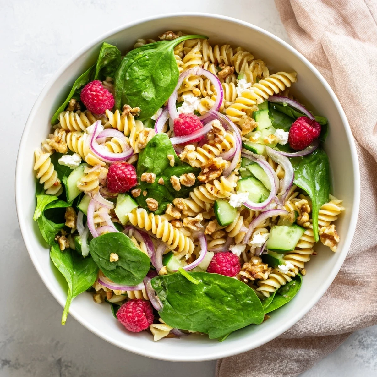 Colorful raspberry spinach feta pasta salad tossed in tangy vinaigrette with fresh raspberries