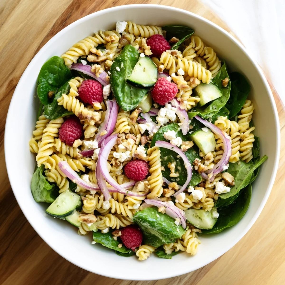Vibrant raspberry spinach feta pasta salad featuring bright red berries and creamy feta on fork