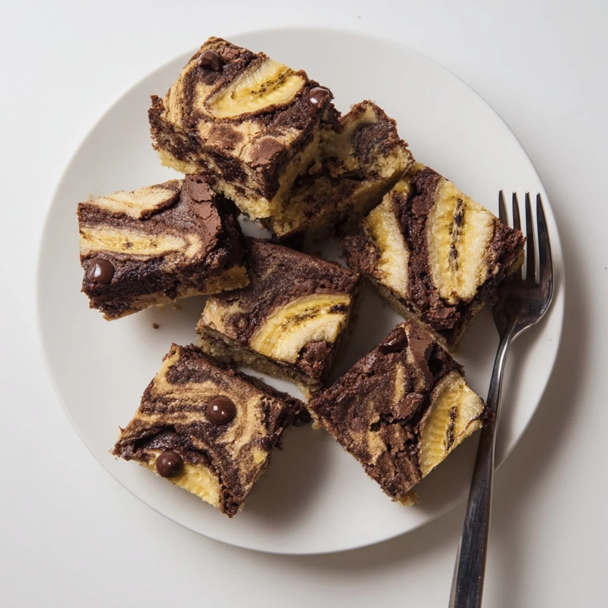 Freshly baked banana bread brownie bars with swirled chocolate and banana layers