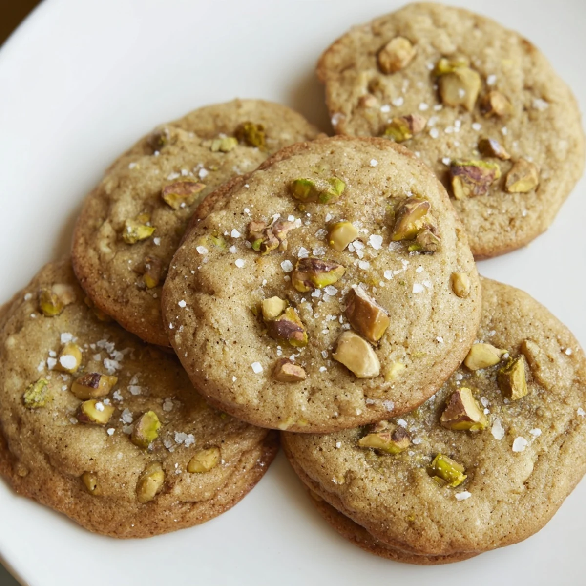 Golden brown salted pistachio cookies topped with sparkling flaky sea salt on a white baking sheet