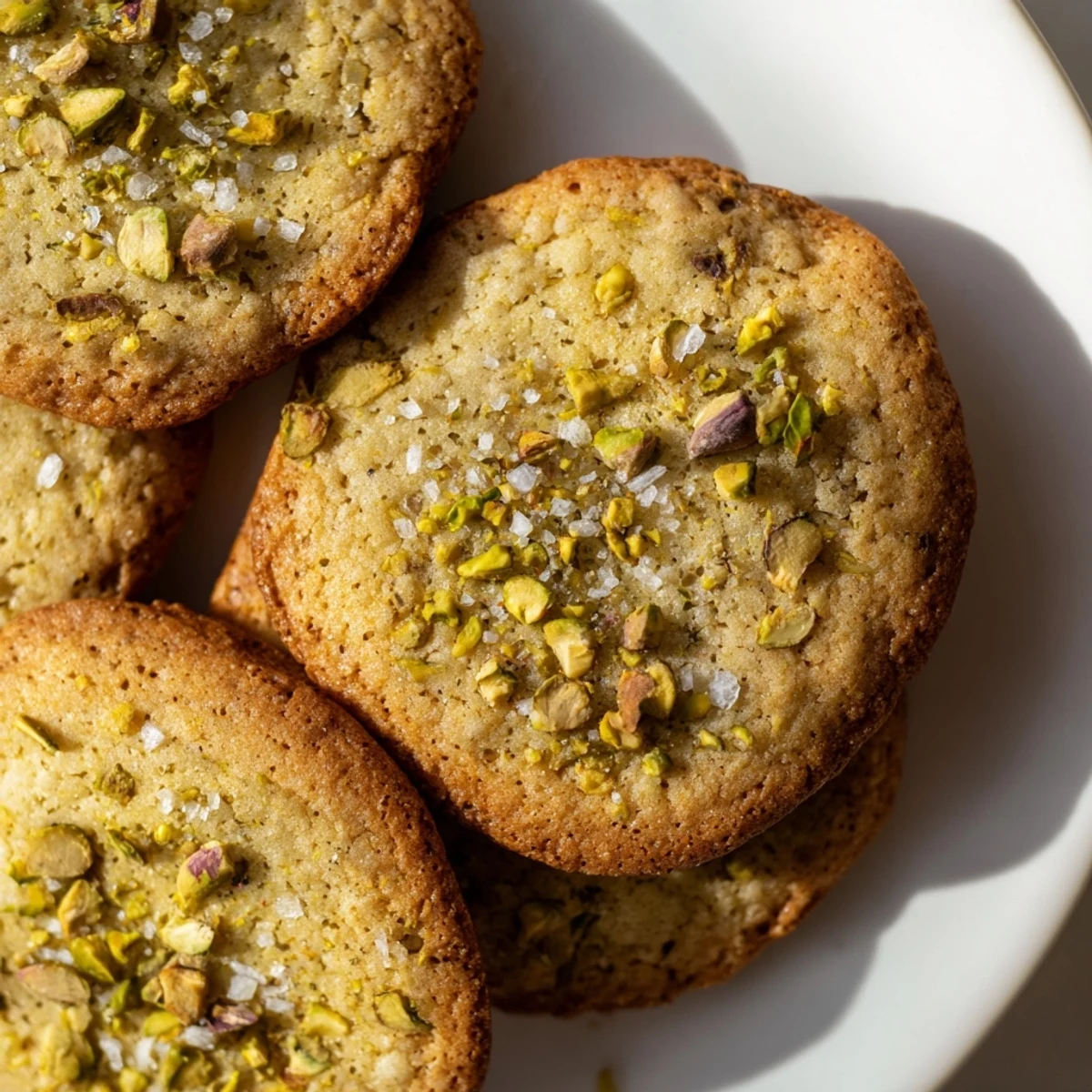 Stack of homemade salted pistachio cookies with green nut pieces and salty crystalline topping