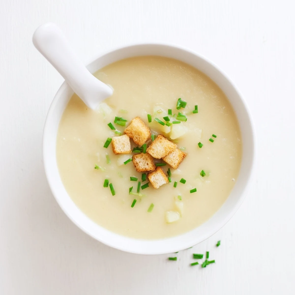 Velvety smooth potato leek soup ladled into rustic crock bowls with crusty bread on the side