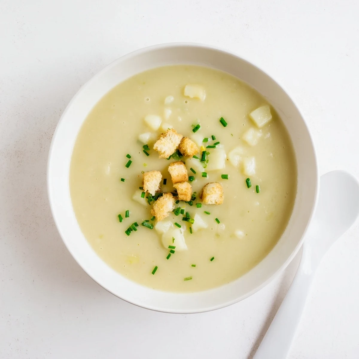 Homemade creamy potato leek soup with golden drizzles of cream and parsley garnish on wooden table