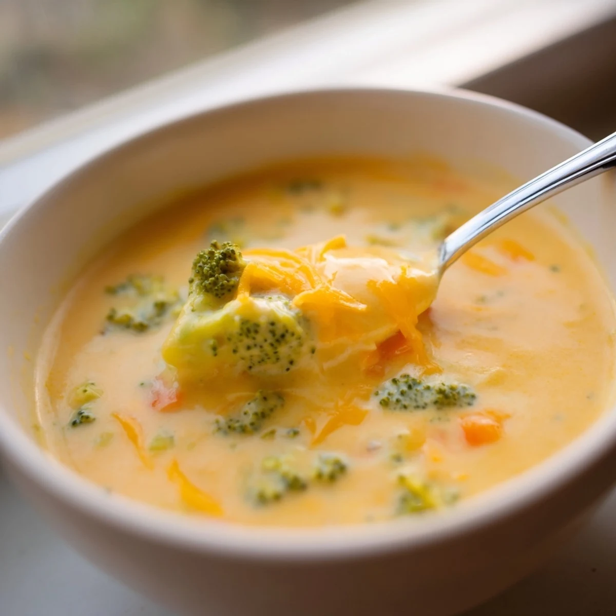 Bowl of creamy broccoli cheddar soup topped with melted cheddar and fresh cracked pepper