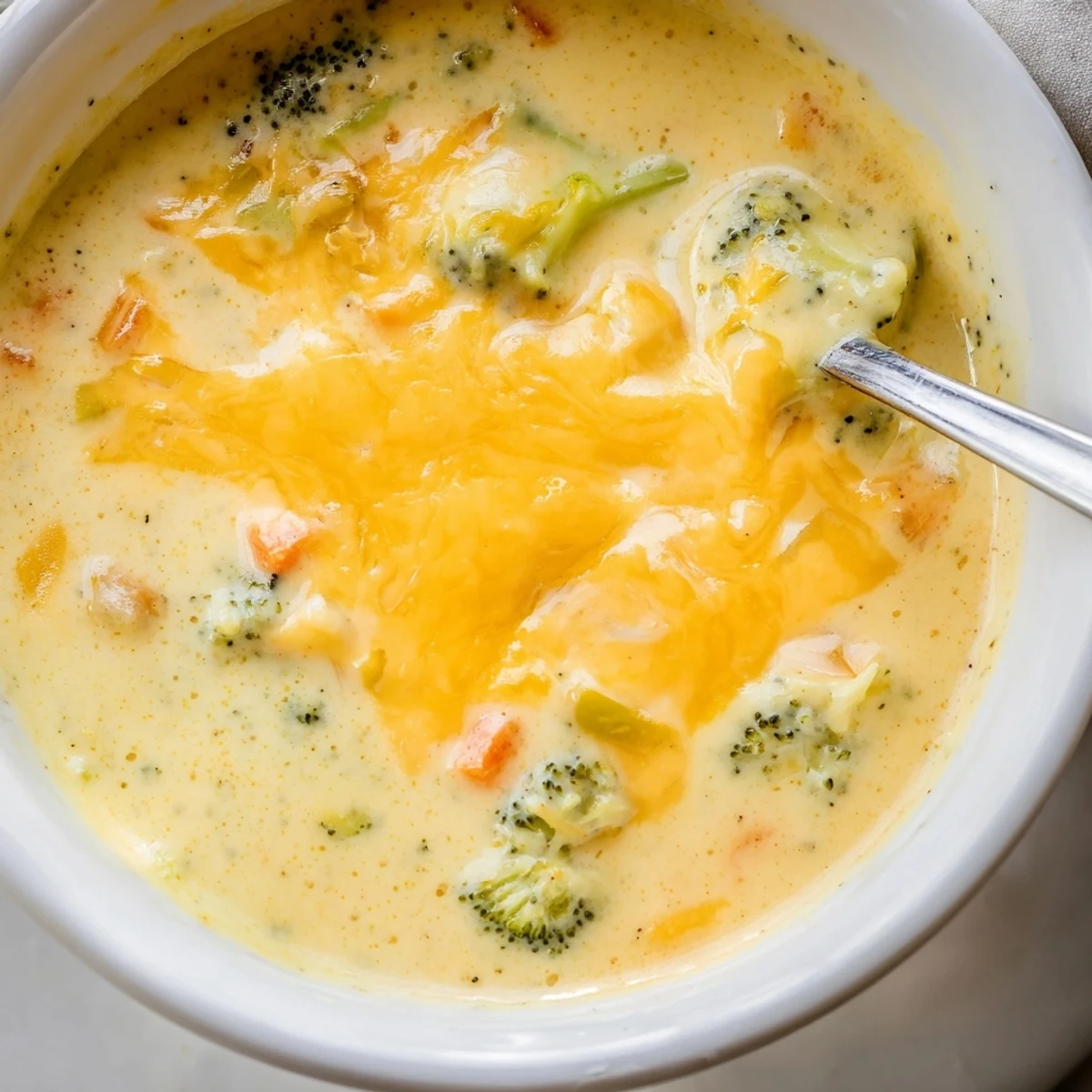 Golden broccoli cheddar soup ladled into bowl with green florets visible in rich broth