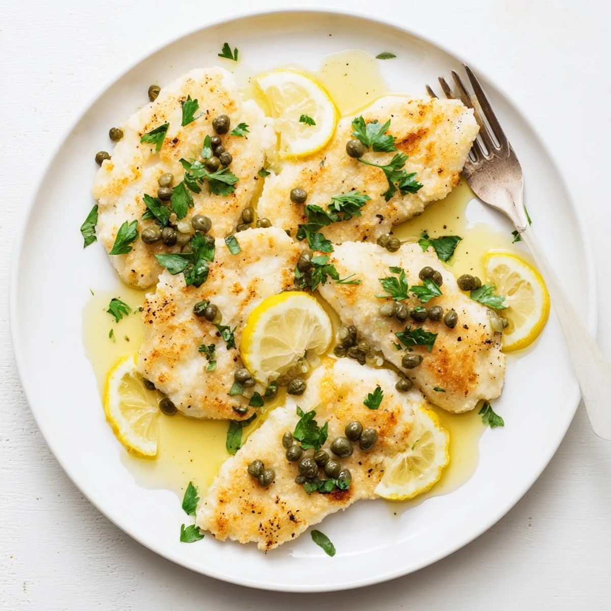 Golden pan-seared cod piccata fillets drizzled with buttery lemon caper sauce and fresh parsley