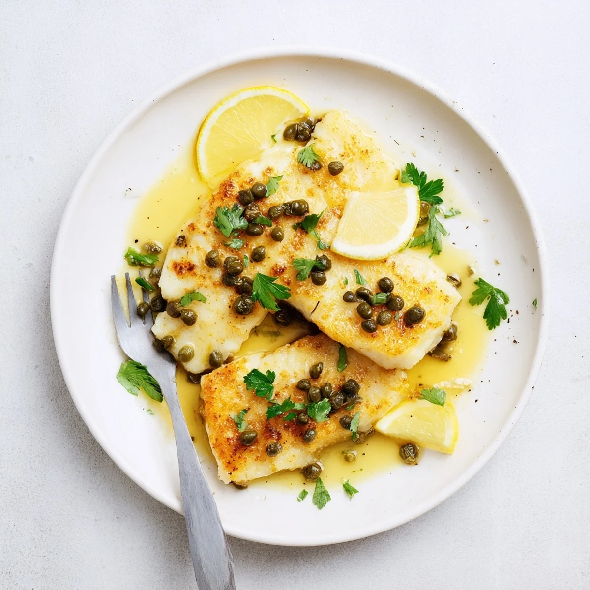 Lightly floured cod piccata with golden crust swimming in creamy white wine lemon sauce