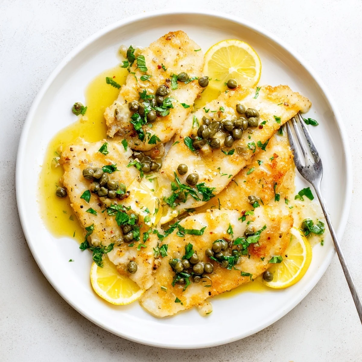 Tender white cod piccata served in bright lemon garlic sauce with scattered green capers