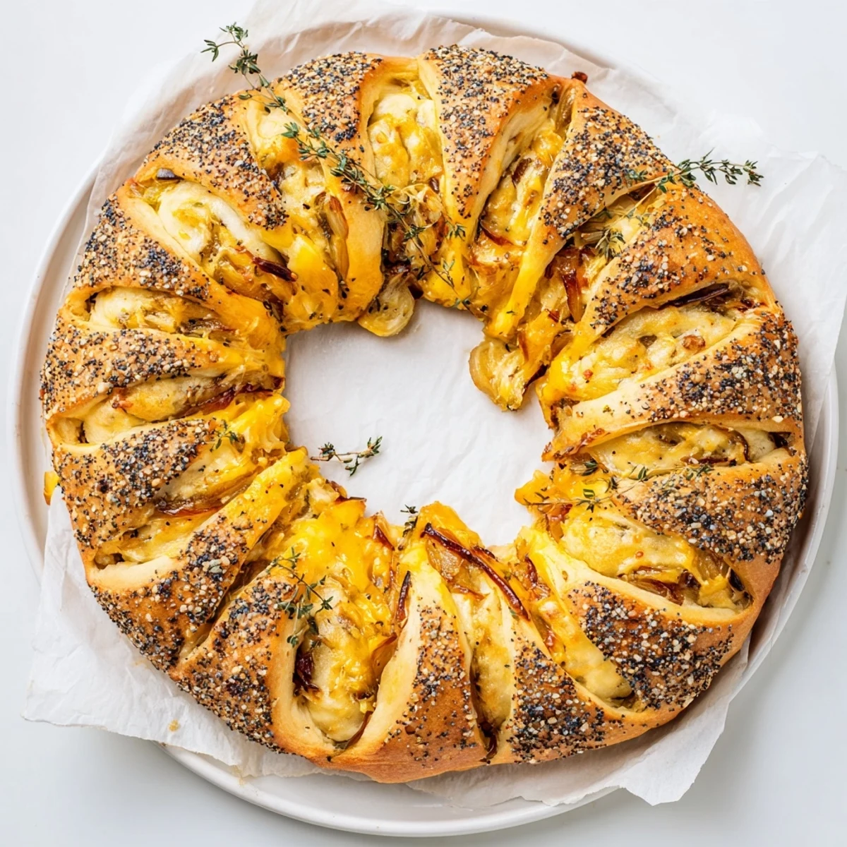 Golden brown caramelized onion gruyere stuffed bread wreath garnished with fresh thyme sprigs on serving board