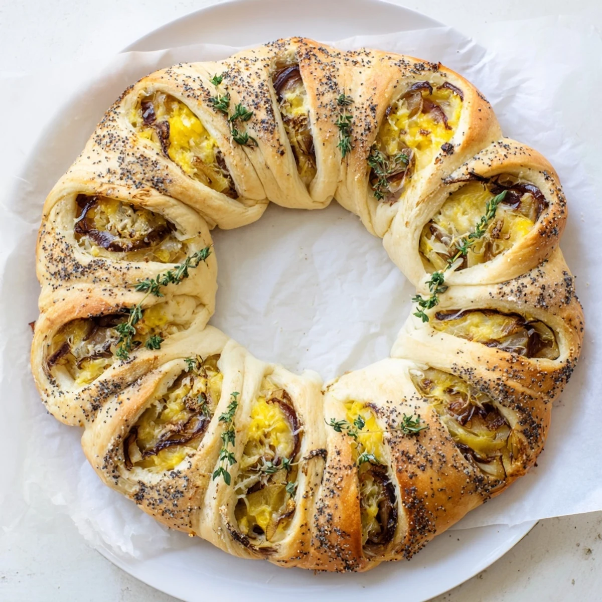 Savory bread wreath revealing melted gruyere and sweet caramelized onions in twisted pull-apart slices