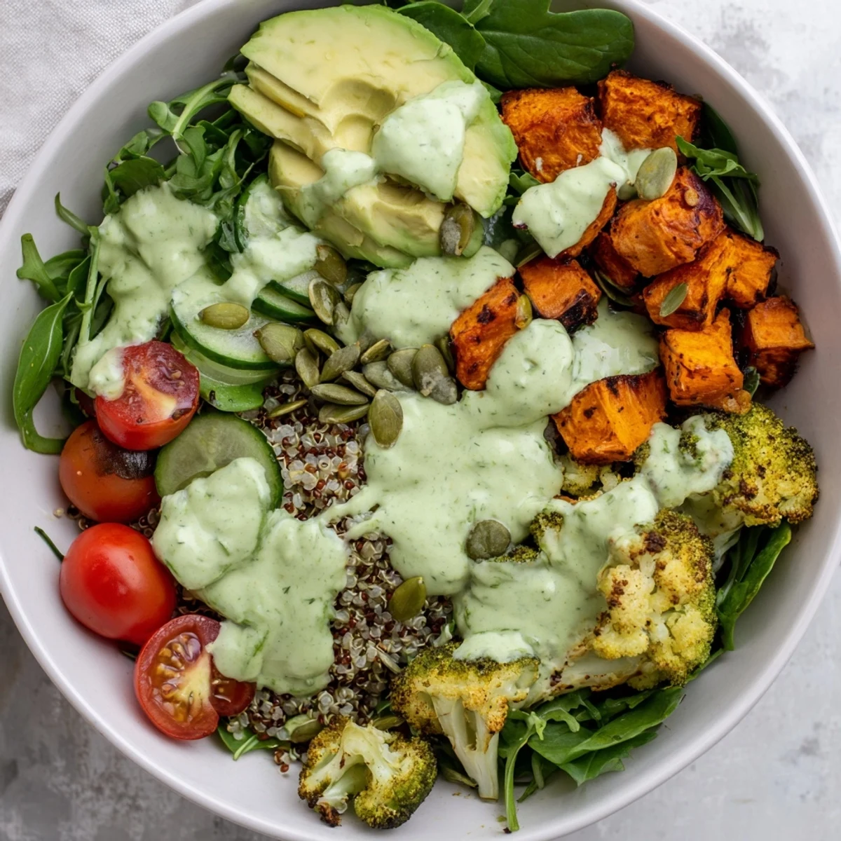 Nutritious green goddess veggie bowl featuring quinoa, avocado slices, roasted vegetables, and tangy herb yogurt dressing for a wholesome meal