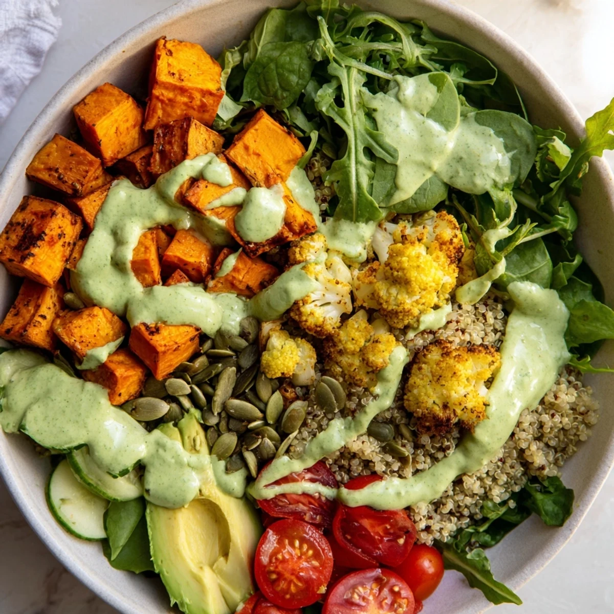 Colorful healthy green goddess veggie bowl with roasted sweet potato and creamy herb dressing drizzled over fresh greens and grains