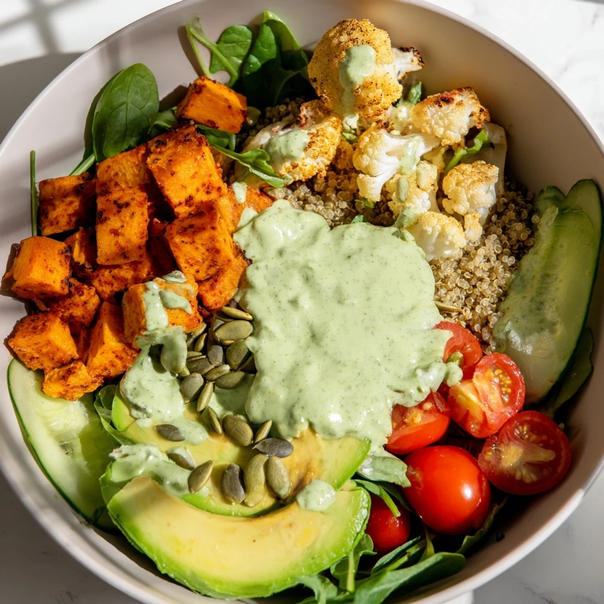 Vibrant bowl packed with fresh vegetables and fluffy quinoa topped with creamy green goddess dressing and crunchy pumpkin seeds