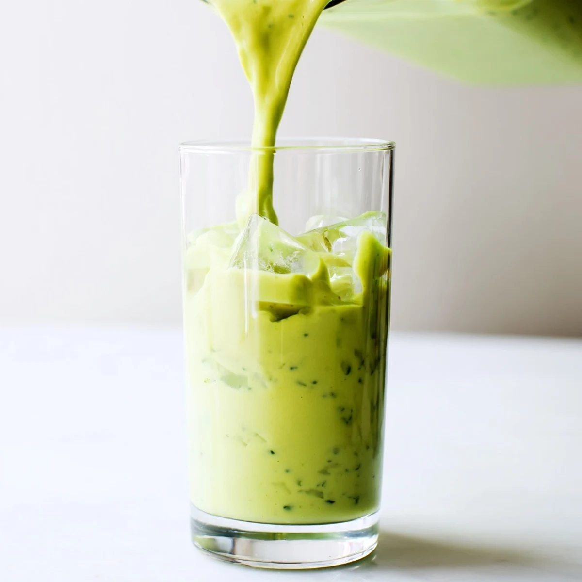 Creamy Greek yogurt avocado smoothie poured into a tall glass with fresh banana slices