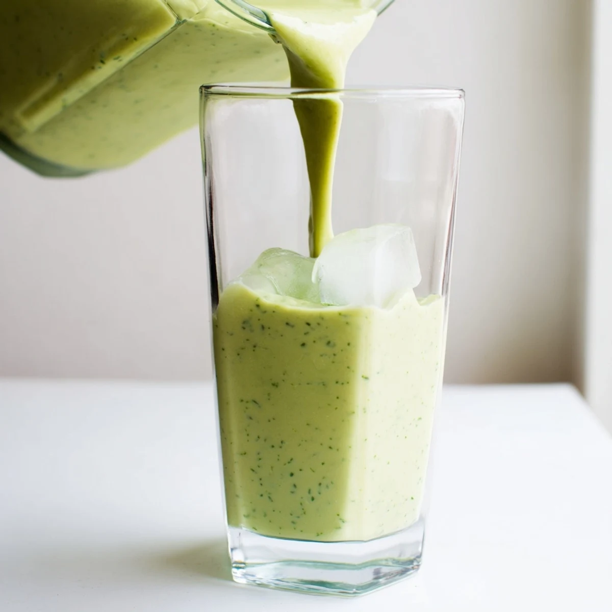 Green Greek yogurt avocado smoothie garnished with chia seeds and baby spinach leaves