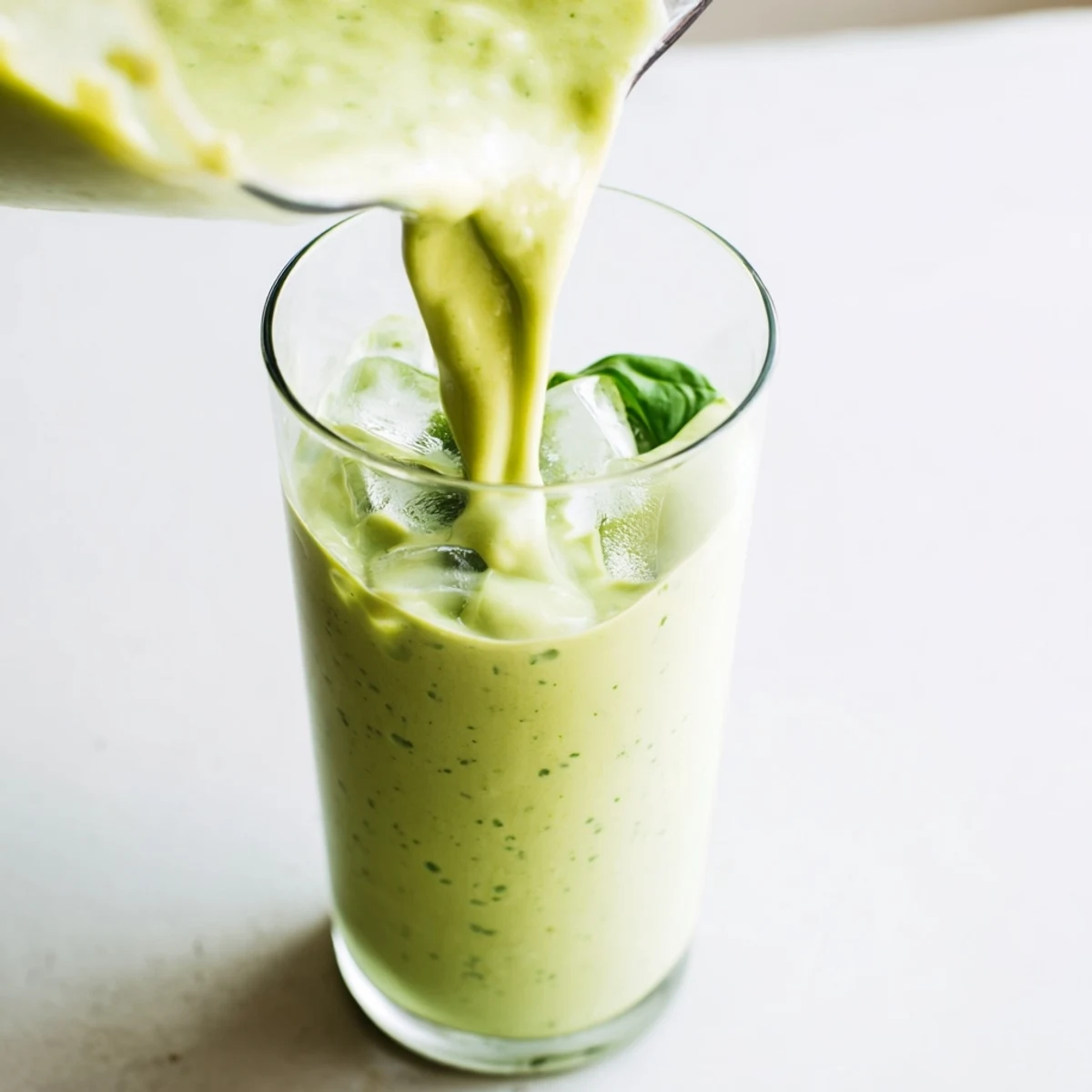 Thick Greek yogurt avocado smoothie blending ripe avocado with honey and ice cubes